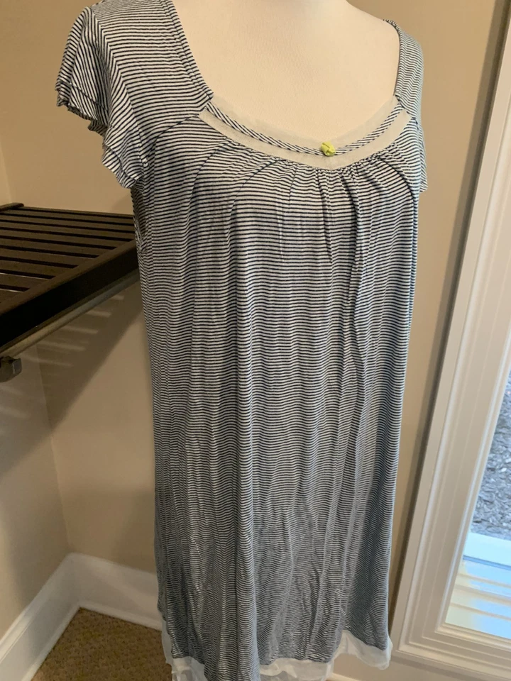 Ellen Tracy Camisón Grande L Vestido Rayón Mezcla Tejido Azul Rayas Manga Acampanada Foto 3 de 4