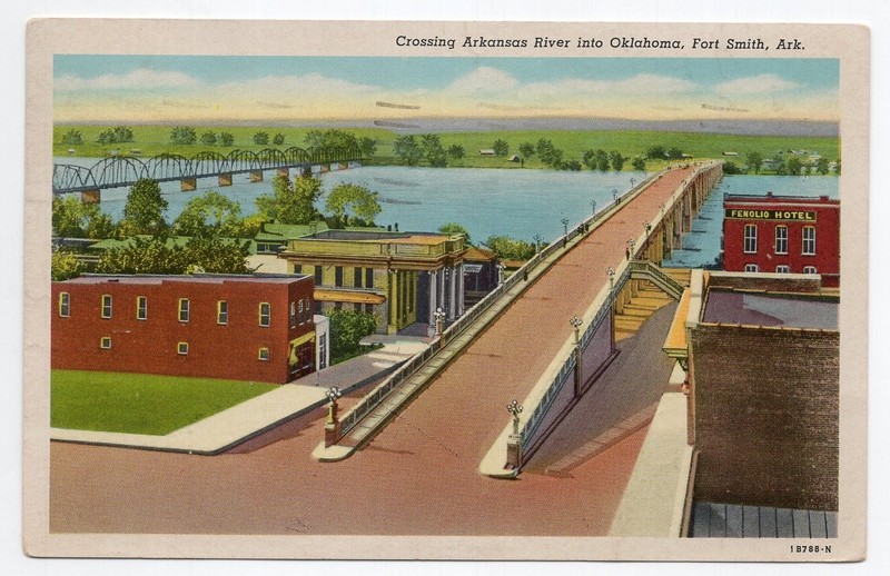 1940s? Linen - Bridge Crossing River Into Oklahoma - Fort Smith, Arkansas