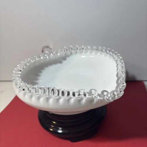 Vintage Fenton Silver Crest Heart Shaped Milk Glass Candy Dish 7”x6.5”