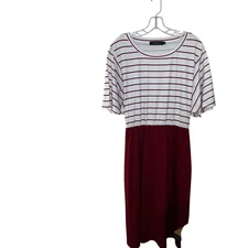 Striped Tie Back Midi Dress Size XL White & Burgundy Casual Chic Round Neck
