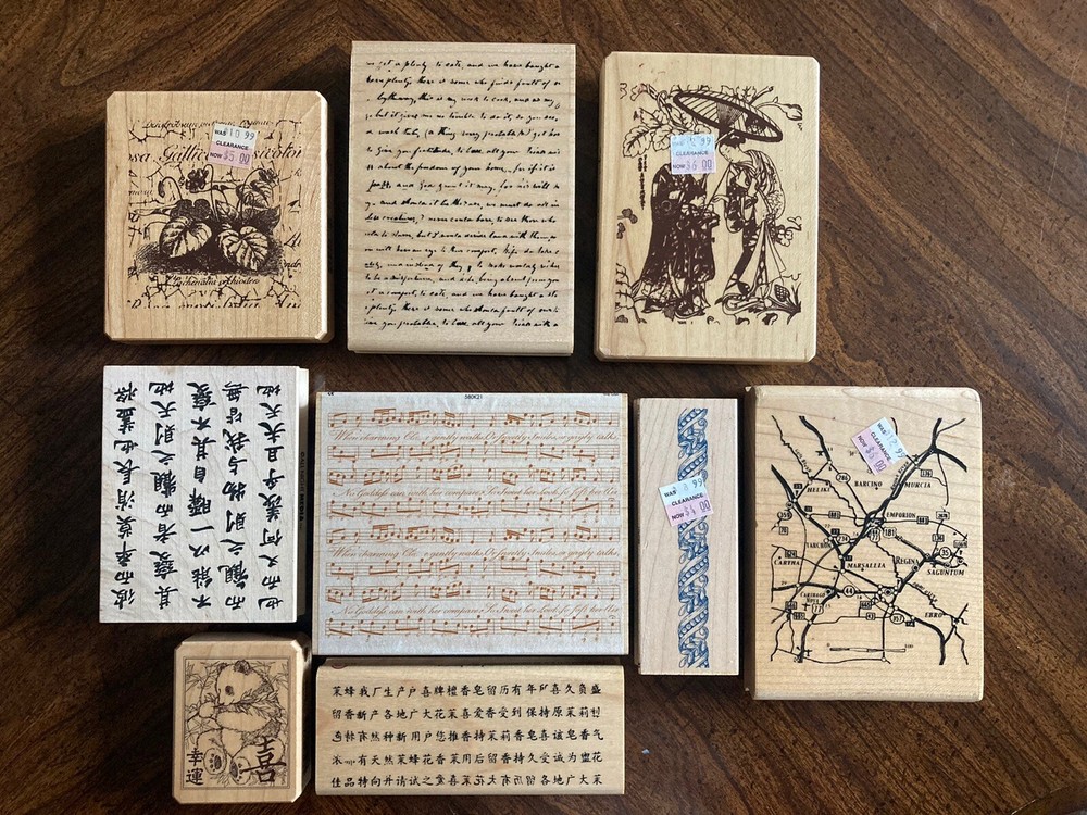 Lot of 9 Assorted Wood Block Rubber Stamps