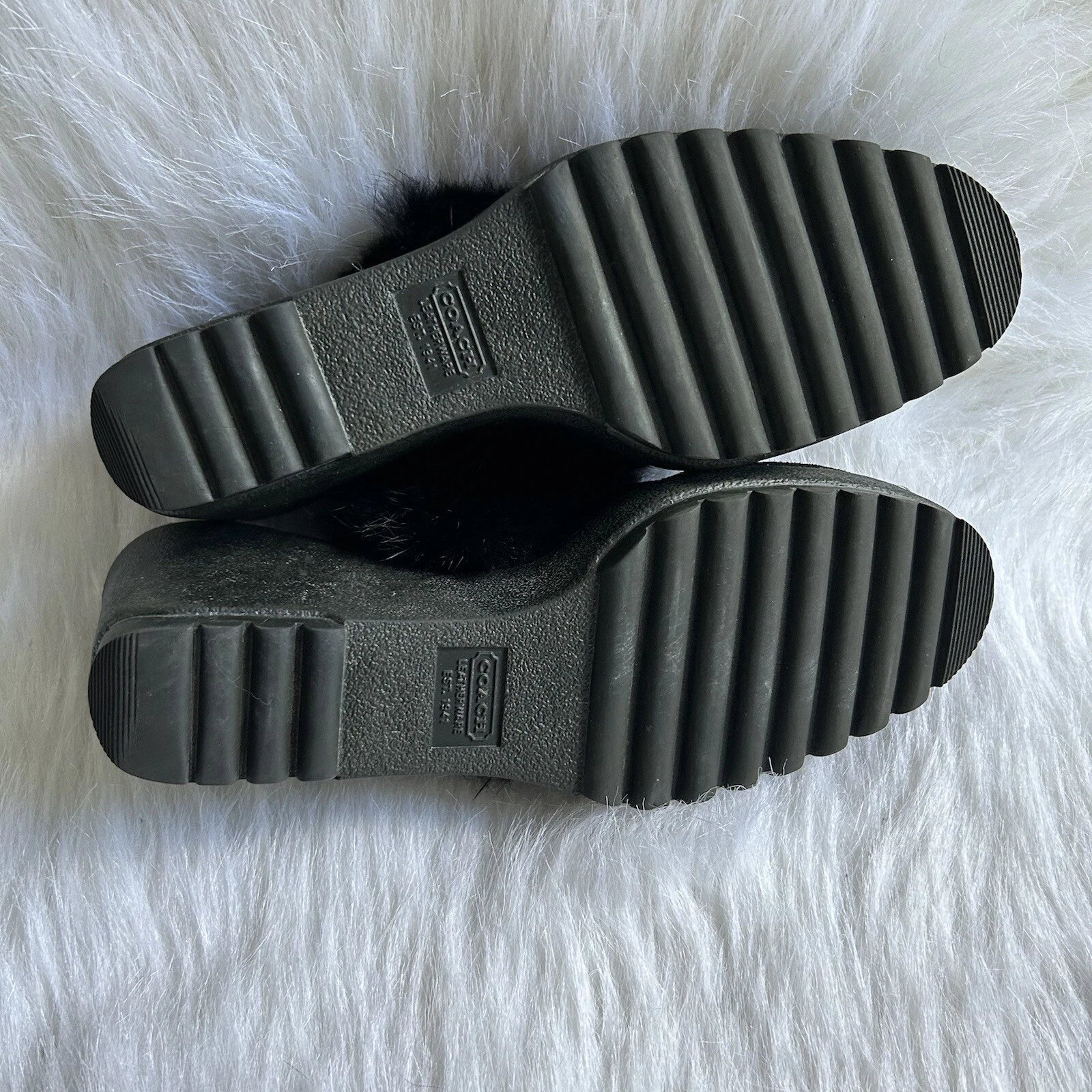 Zoccoli Coach Kaela scamosciati pelliccia di coniglio donna taglia 8 B neri scarpe con zeppa antiscivolo