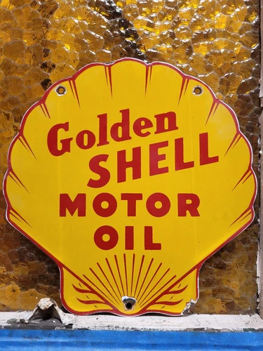 VINTAGE GOLDEN SHELL PORCELAIN SIGN GAS STATION SIGNAGE MOTOR OIL SERVICE GARAGE