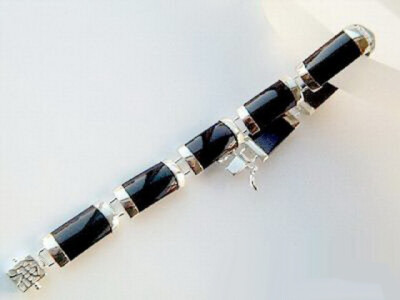 Black Agate Onyx White Gold Plated Blessing Fortune Clasp Women Bangle Bracelet