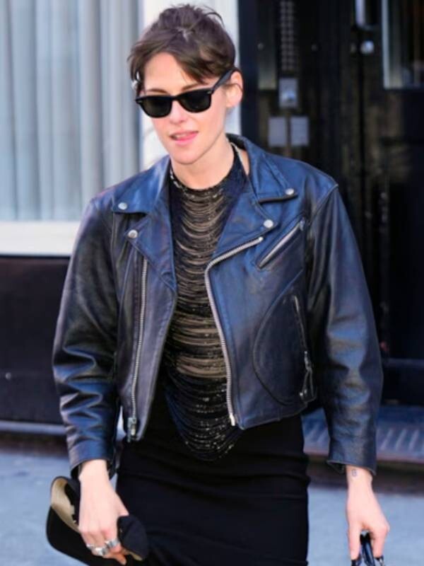 Women Black Kristen Stewart Biker Short Body Real Aviator Retro Leather  Jacket