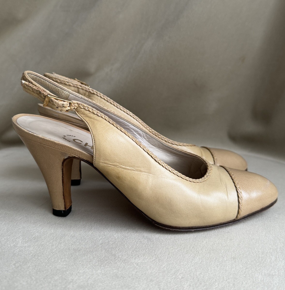 Chanel Vintage Sling back Size 6G Beige Leather Heels Shoes | eBay