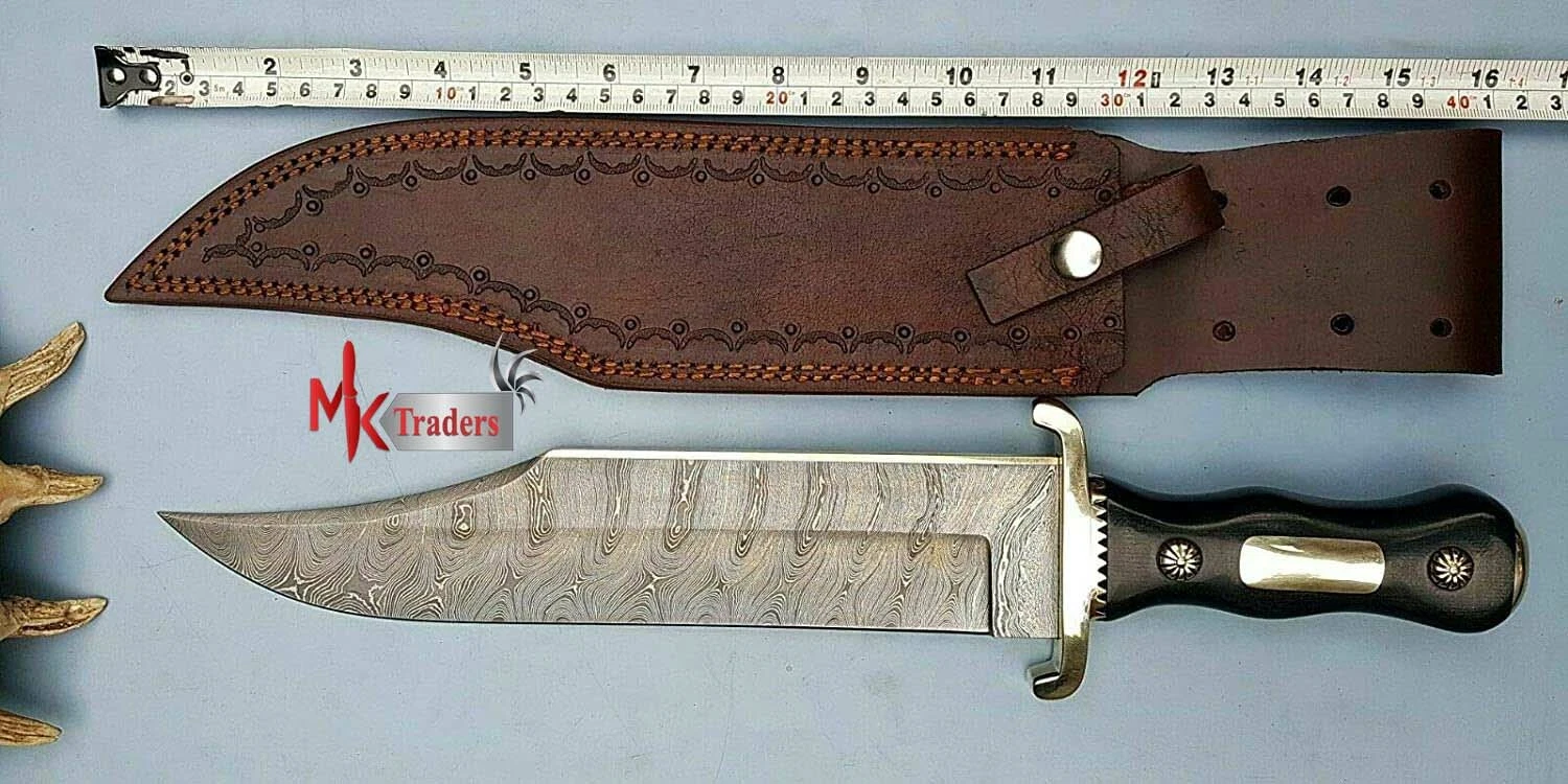 HANDMADE DAMASCUS STEEL BOWIE HUNTING KNIFE,VIKING KNIFE WITH LEATHER SHEATH