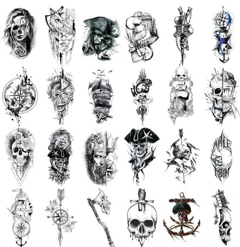 Wyuen 24 Sheets Abstract Temporary Tattoo Sticker Pirate Skull Tattoos Body Art