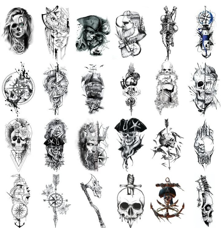 Wyuen 24 Sheets Abstract Temporary Tattoo Sticker Pirate Skull Tattoos Body Art 