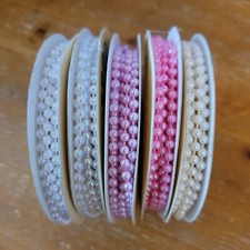 Pearl White And Pink Beads Ribbon Trim Costume Applique Approx. 9-10 Yards