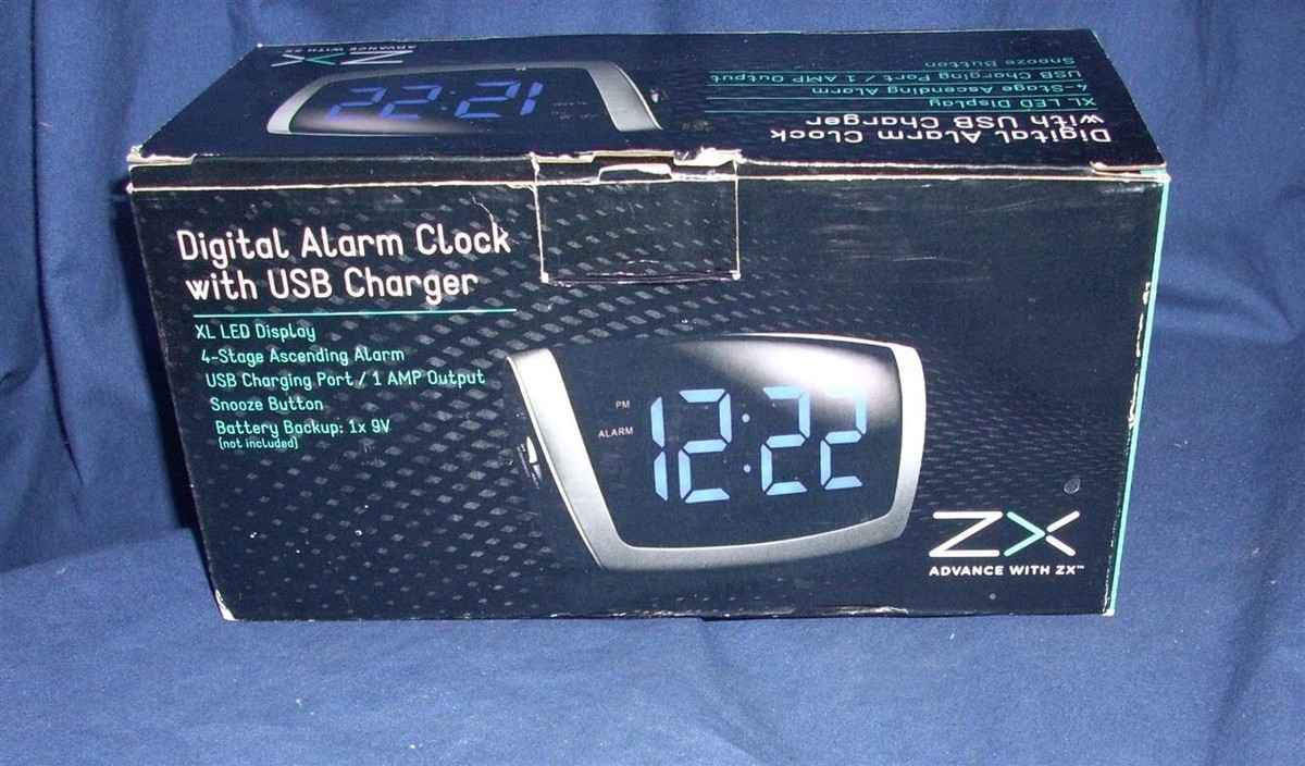 New ZX Digital Alarm Clock w/ Lg Snooze Button with USB Charger