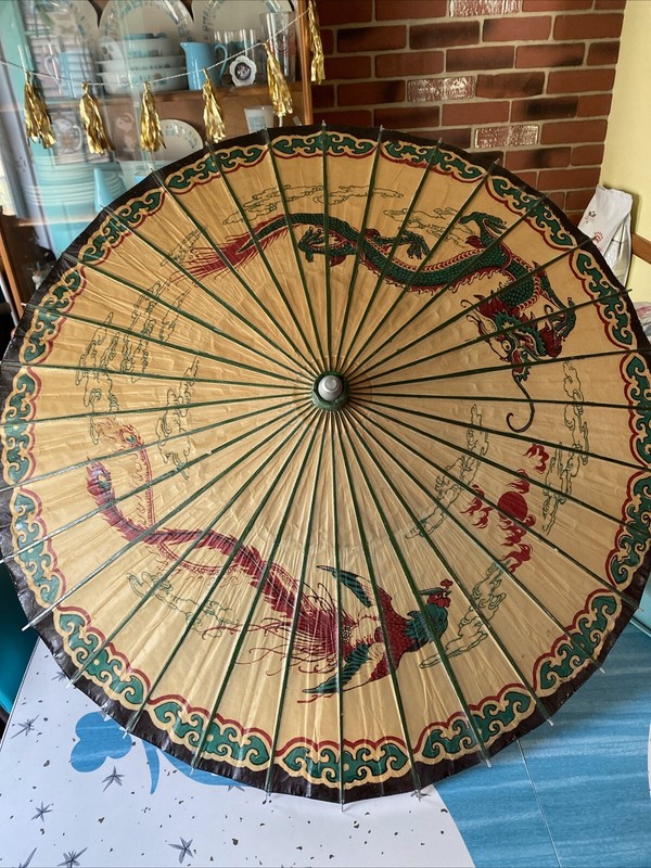 Vintage Asian Umbrella Parasol Bamboo Mid Century Dragon Rooster Red Green Black