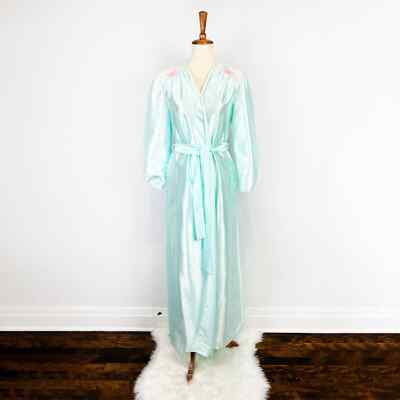 Vintage Lorraine green satin dressing gown robe embroidered flower 80s 90s  Small | eBay