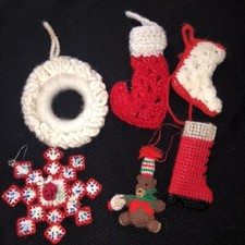 Vintage Hand Crocheted Christmas Ornaments Lot of 6 Stockings Teddy Bear Star