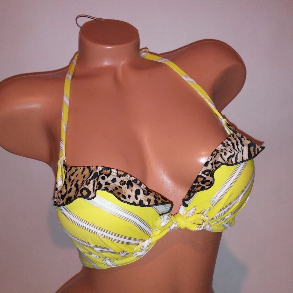 Top de bikini de natación Victoria Secret 34A precioso push up añade 1,5 tazas a rayas amarillas Foto 3 de 4