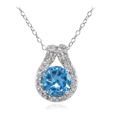 Sterling Silber simulierter Blautopas runder Heiligenschein Halskette mit CZ Akzenten