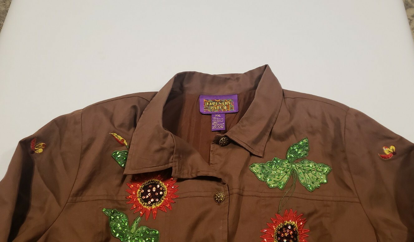 Tapestry Patch Jacket Button down Shoulder Pads w… - image 2
