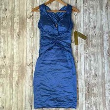 Nicole Miller Ruched Mini Dress sz 6 Metallic Catalina Blue V-Neck Sheath Cross