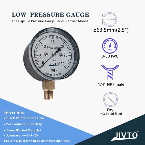 JIVTO Low Capsule Pressure Gauge 1/4 NPT Bottom Connetion 30 IWC ,Brass Internal - Picture 2 of 8
