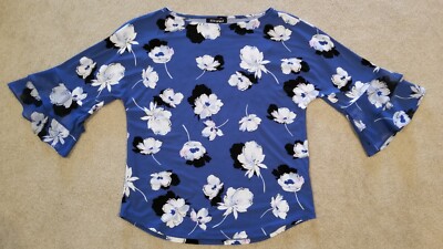 Roz & Ali Blue Floral Bell Sleeve Top Size XS