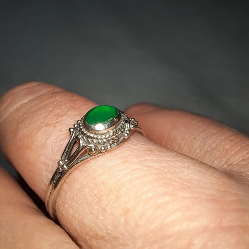 07K14 JOLIE STYLE ANCIENNE BAGUE EN ARGENT MASSIF JADE MALACHITE 925 TAILLE 57 - Photo 2 sur 6