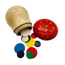 PILZ Holzdose Spiel mit Kunststoff Chips Vintage rot 7,5 cm Fliegenpilz 50er 60e