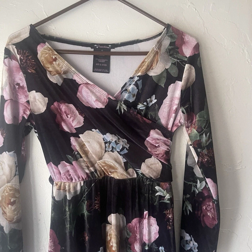 Xtraordinary Big Girls Size 16 Velvet Black Floral Wrap Party Long Sleeve Dress - Image 2 of 4