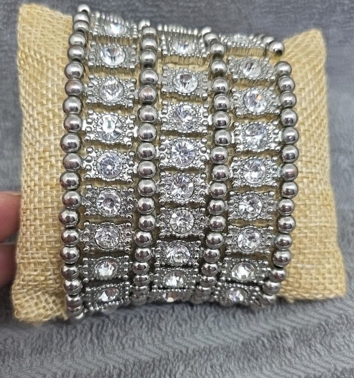 Multi Layer Silvertone Rhinestone  Stretch Cuff S… - image 1