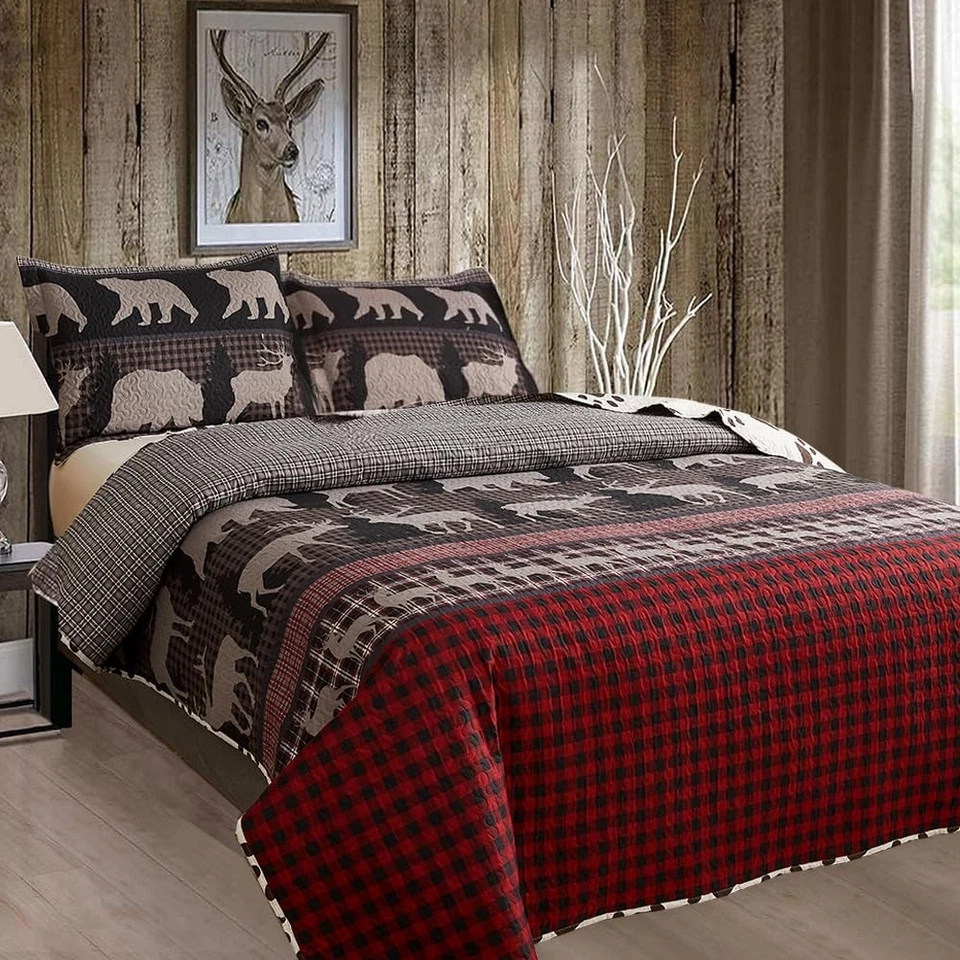 Juego de edredón tamaño king ropa de cama rústica lodge juego de colcha queen rojo negro búfalo... Foto 2 de 4