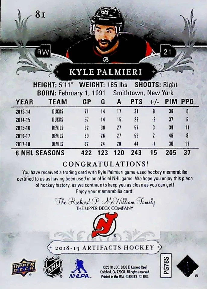 2018-19 Upper Deck Artifacts #81 Kyle Palmieri Silver Dual Jersey 045/165 - Image 2 of 2