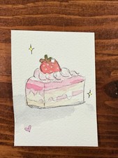 Original ACEO Strawberry Cake Painting OOAK Watercolor Dessert Art Trading Card 