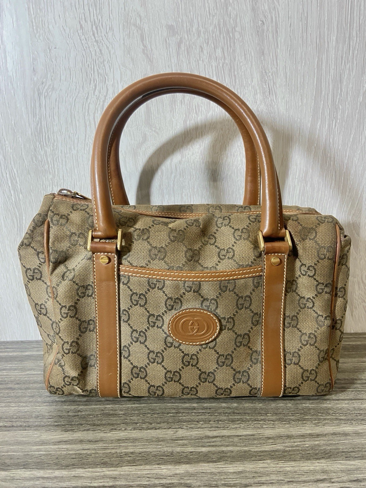 Vintage GUCCI GG Canvas Tote Bag with Leather Trim in Brown