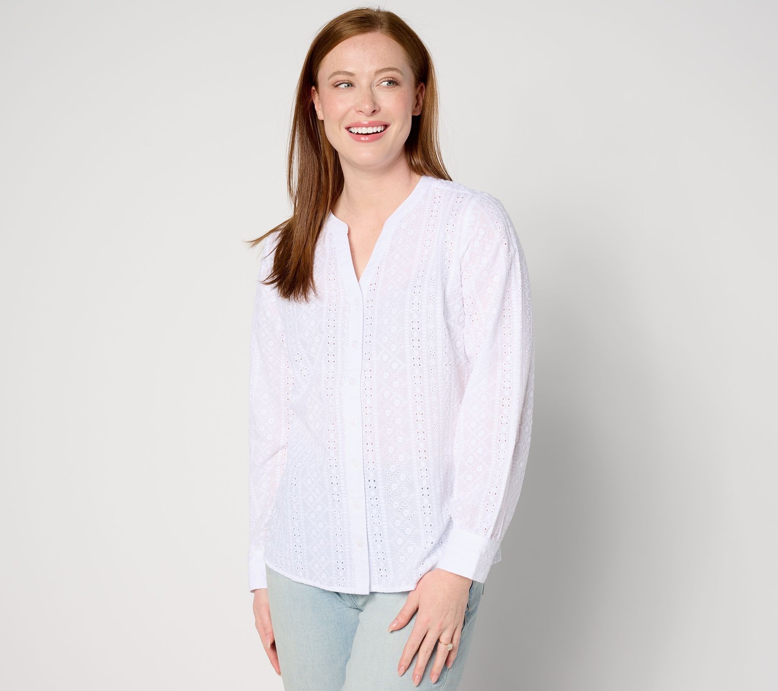 Denim & Co. Women's Top Plus Sz 4X Cotton Eyelet Button Down Shirt White A647740