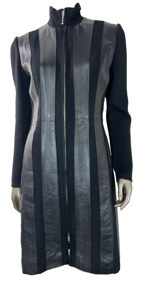 Abrigo de cuero negro Newport News para mujer pequeño ajustado cremallera completa cuello alto Y2K Foto 3 de 4