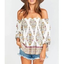 Show Me Your Mumu Raquel Smoked Off-Shoulder Women's Paisley Top White Medium