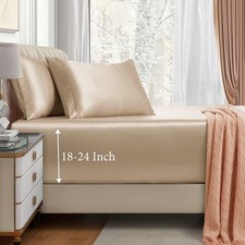 VACVELT 3pcs Extra Deep Pocket Satin Fitted Sheet Set Queen Bed Set, Beige Bo...