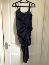 PrettyLittleThing V Navy blue Satin Underwired Draped Skirt Midi Dress Size 12