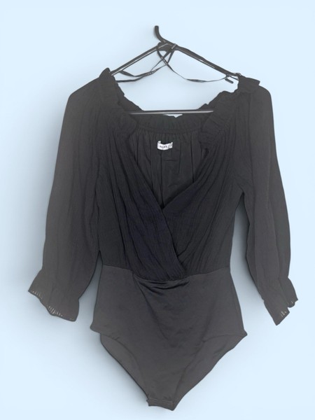 Sheike Bodysuit Top Black Long Sleeve Draped Cocktail Size S 8