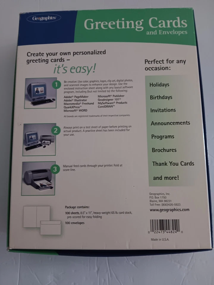 Tarjetas de felicitación y sobres blancos Geographics 100 juegos en blanco 8,5 x 11 pre puntuados Foto 4 de 4