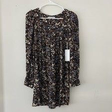 REFORMATION Blake Mini Dress XS Brown Floral Relaxed Square Neck Puff Sleeve