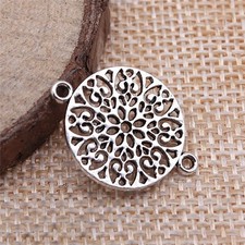 20/50PCS Antique Silver Tone Round Flower Connector Charms, 2 Sided GGS186