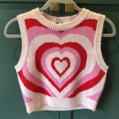 Vintage pretty garbage pink heart knitted crop tank womens size s