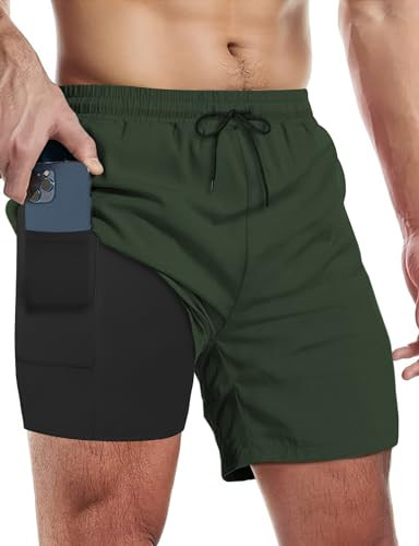 Mens Swim Trunks with Compression Liner 5 Inch Inseam Quick Medium Army Green - Picture 6 of 8