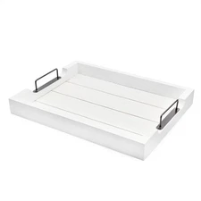 White Wooden Shiplap Serving Tray; Rustic Farmhouse Ottoman w/Black Handles