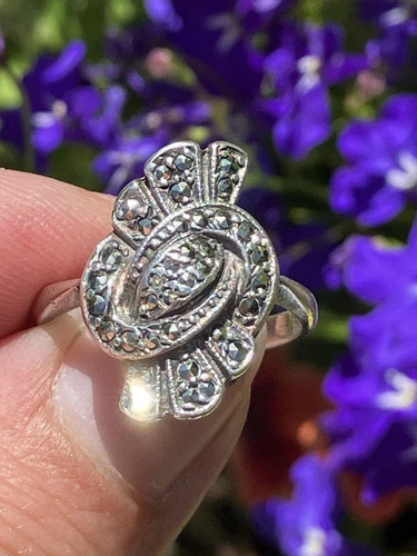 Antique vintage 1920s Silver Art Deco Marcasite Set stone Cocktail Ring Sze N1/2