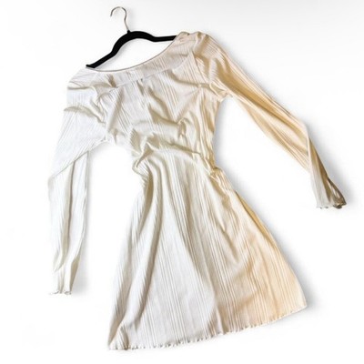 White Pleated Mini Dress Long Sleeve | M L | Bust Friendly | Lana Del Rey Coded