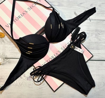 Victoria's Secret Swim Hardware Bikini Push Up Top Brazilian Black