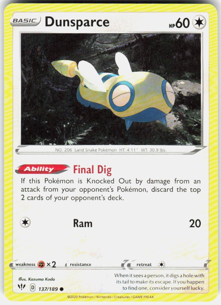 Dunsparce 137/189 Common Darkness Ablaze Pokemon Near Mint