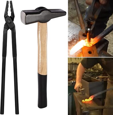 Blacksmith Forging Tools Kit Wolf Jaw Tongs 16''&Blacksmiths' Hammer Forge Tools