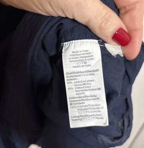 J Crew Embroidered Floral Linen Cotton Shift Dress Square Neck Sz M Navy Lined - Picture 5 of 11
